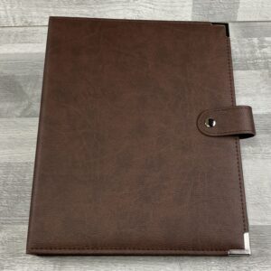 brown faux leather ring binder with strap closure